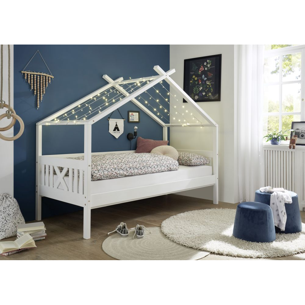 Hausbett Kinderbett Kiefer massiv weiß lackiert 90 x 200 Hytte 3 ohne Rollrost
