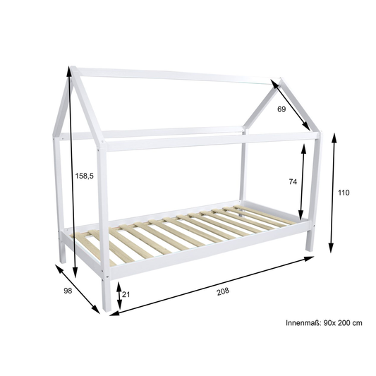 Hausbett Kinderbett Kiefer massiv weiß lackiert 90 x 200 Hytte 1 ohne Rollrost