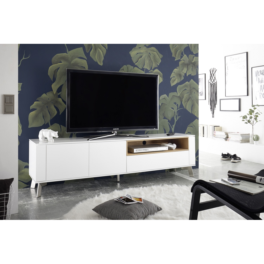 TV-Schrank B 180 x H 51 x T 40 cm Lowboard Asteiche-massiv holz matt lackiert weiß modern Belava