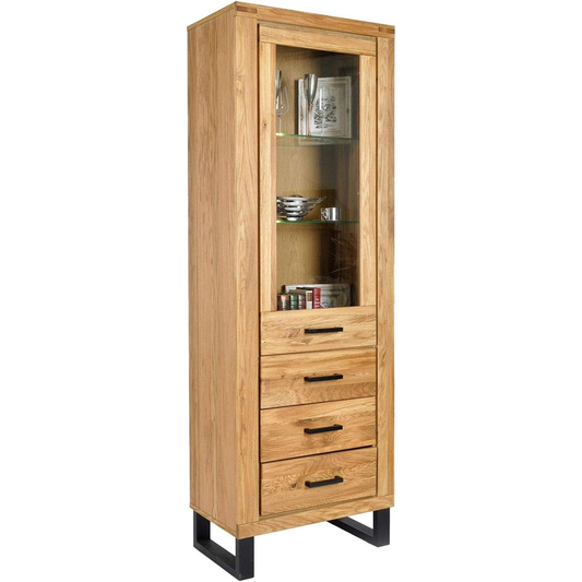 Vitrine TINA – Eiche teilmassiv mit schwarzen Metallkufen