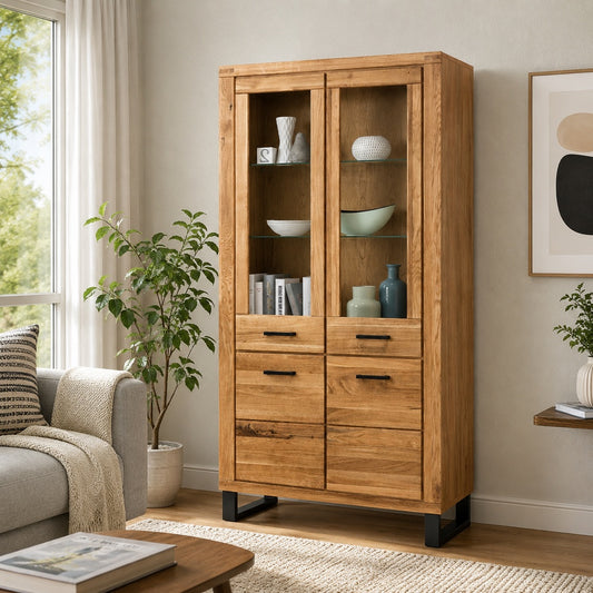 Vitrine B 110 x H 200 x T 40 cm Schrank Glastür Wildeiche teilmassiv Natur geölt Tiara