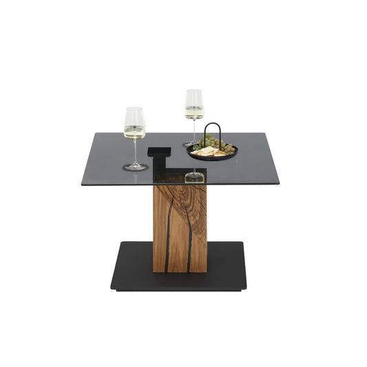 Couchtisch Ca. B 70 x H 45–63 x T 70 cm BALSTA – Graue Glasplatte mit massivem Eichengestell, höhenverstellbar