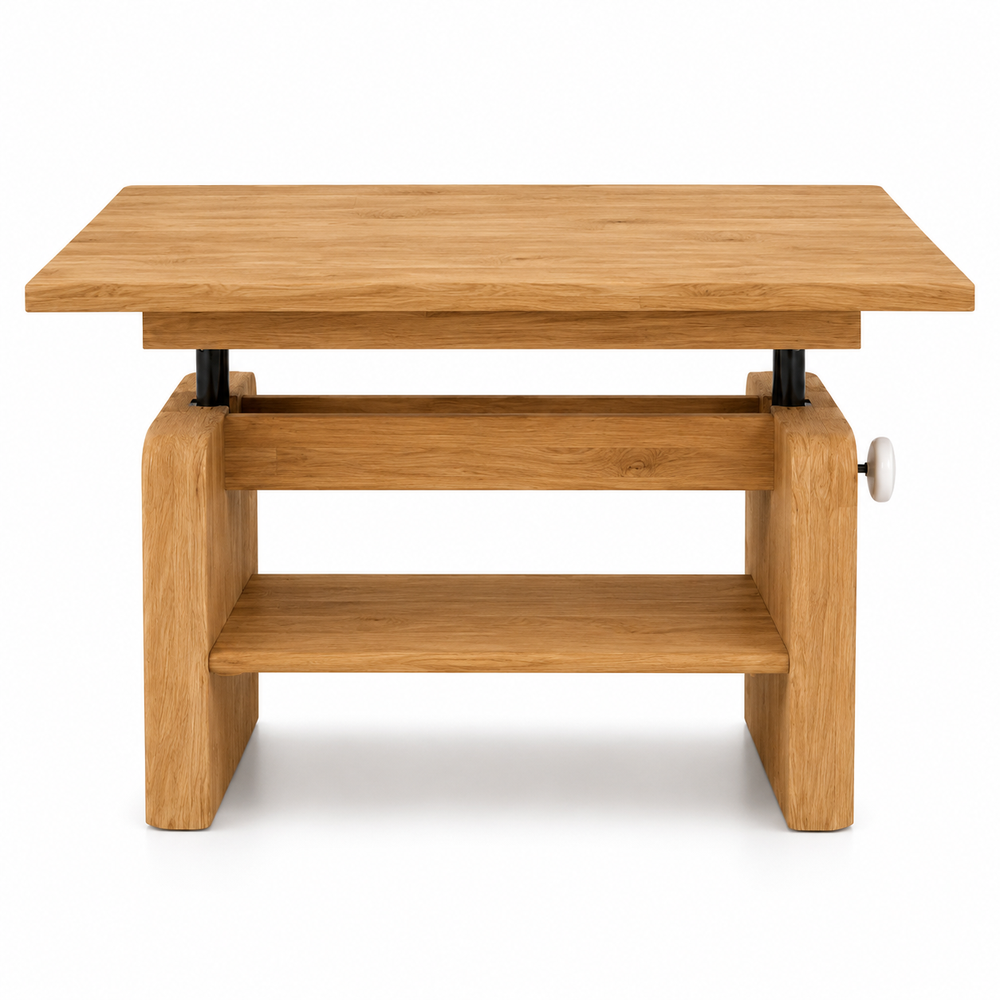 Couchtisch – Eiche B 105 x H 52–70 x T 70 cm massiv, höhenverstellbar mit Ablageboden