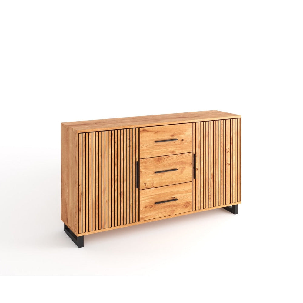 Sideboard, B 164 x H 85 x T 40 cm Akustikpaneel, Schubkästen mittig, Softclose, Eiche teilmassiv, Paola