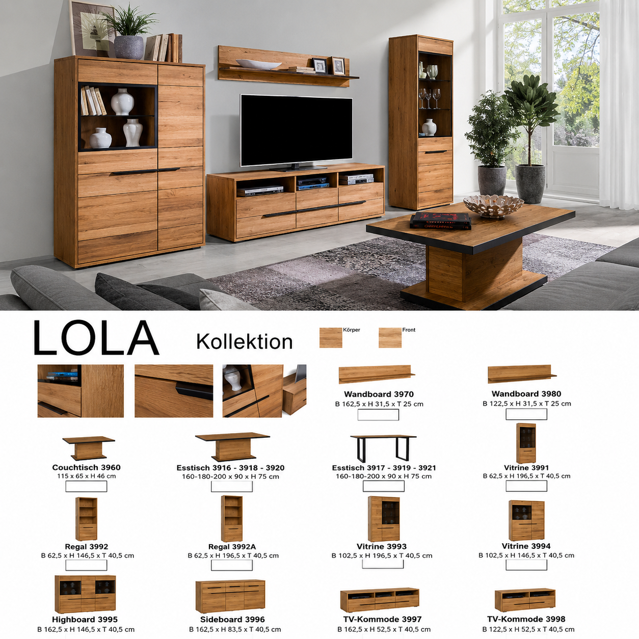 Vitrine B 102,5 x H 146,5 x T 40,5 cm LOLA – Eiche teilmassiv