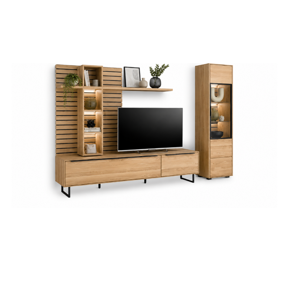 Wohnwand JACKSON – Eiche teilmassiv mit LED-Beleuchtung