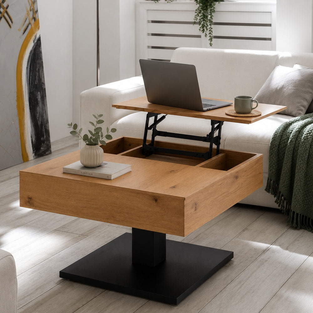 Couchtisch L 70 x B 70 x H 45 cm ASHTON – Eiche furniert mit schwarzem Säulengestell
