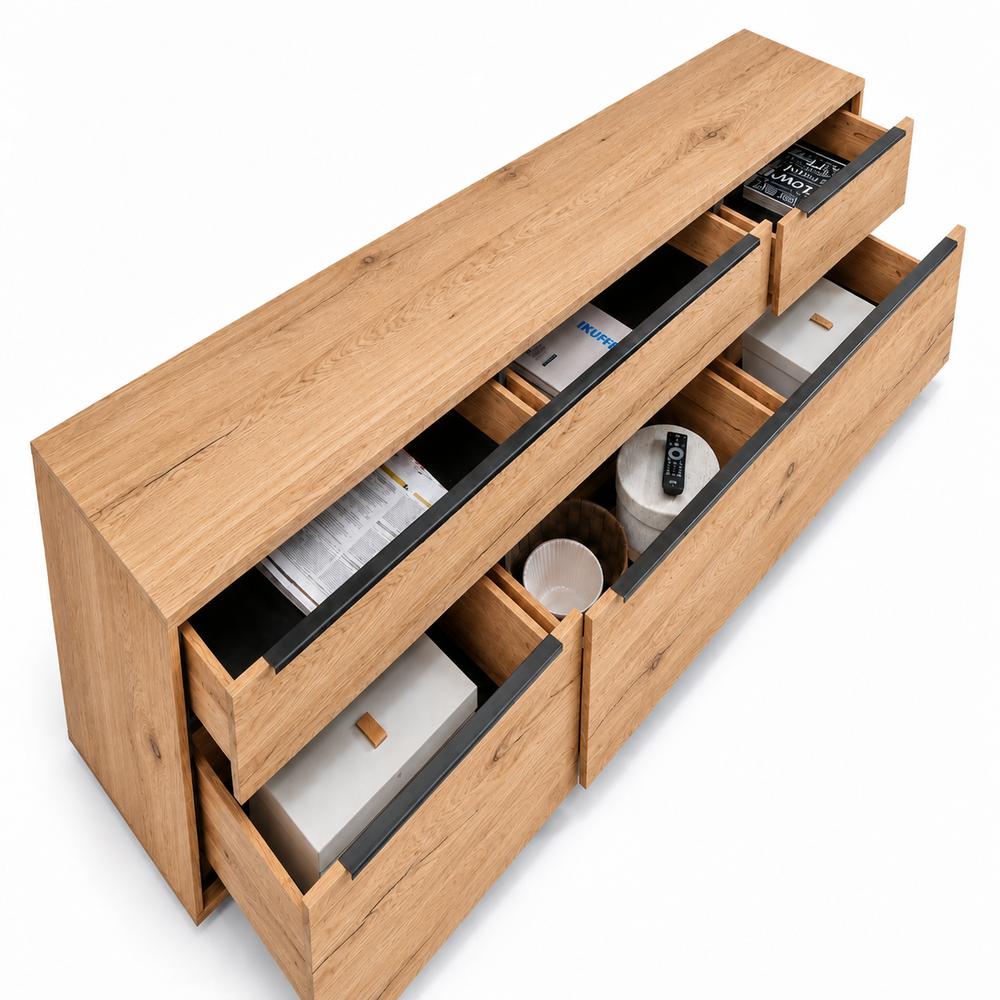 Lowboard B 210 x H 65 x T 45 cm JACKSON – Eiche teilmassiv mit 4 Schubkästen