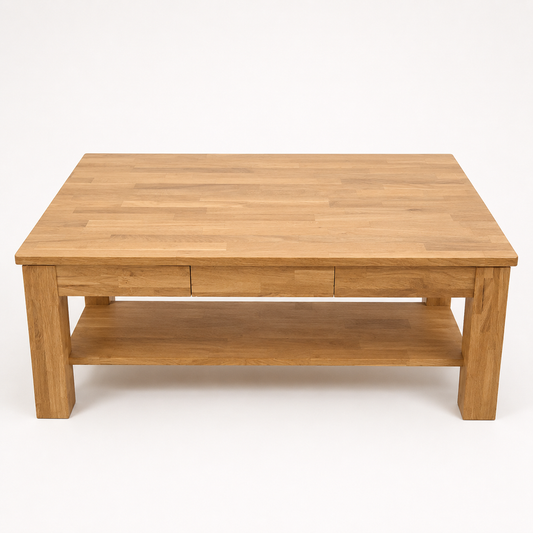 Couchtisch Tiara aus massiver Wildeiche – Industrial Design mit Ablage