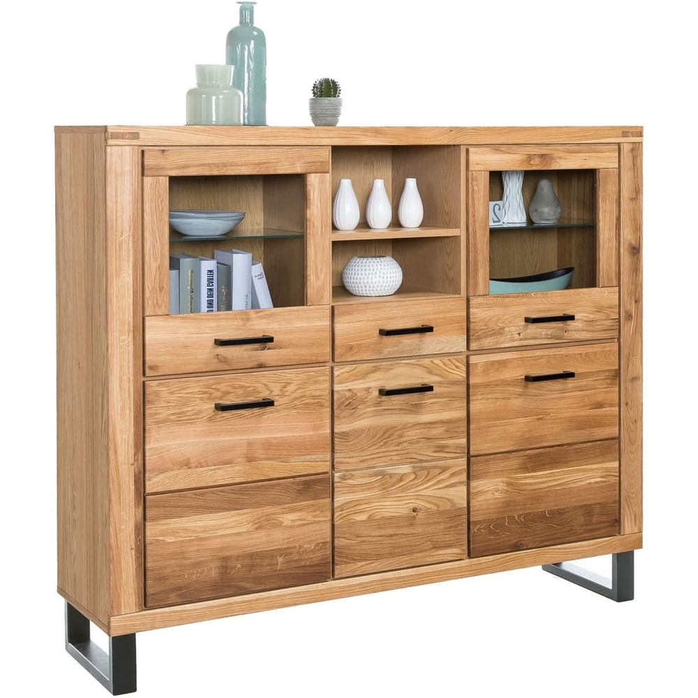 Highboard TINA – Eiche teilmassiv mit Glas- und Holztüren