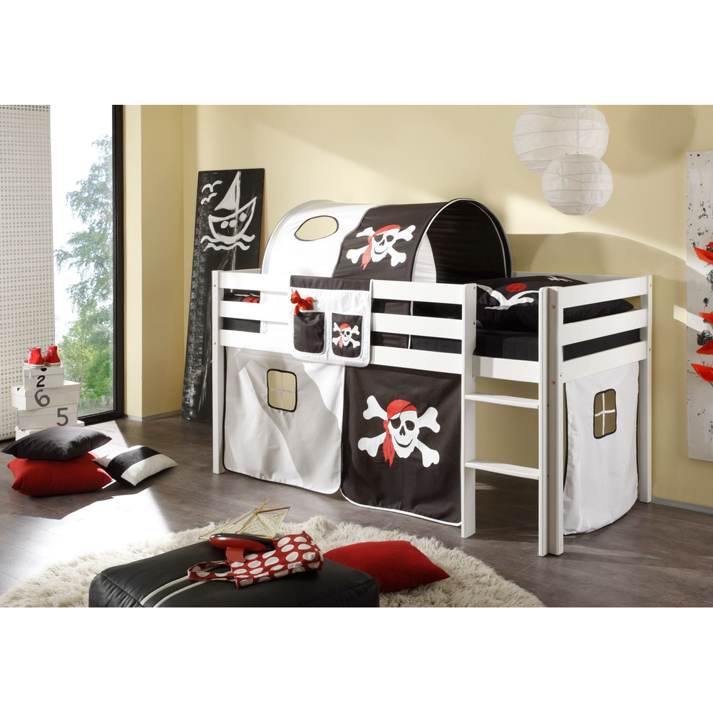 Hochbett Kinderbett Marco 90 x 200cm Kiefer massiv weiß lackiert inkl. Vorhang