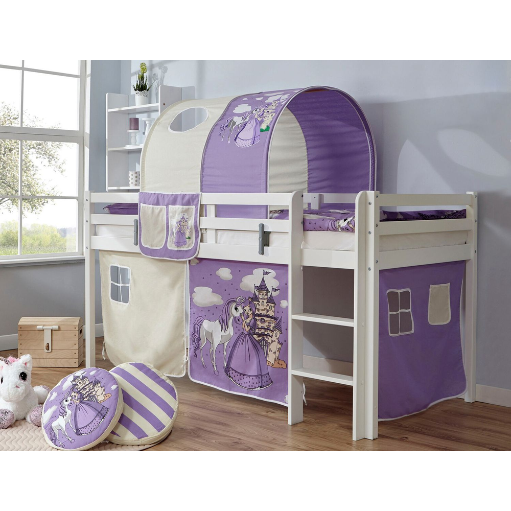 Hochbett Kinderbett Marco 90 x 200cm Kiefer massiv weiß lackiert inkl. Vorhang