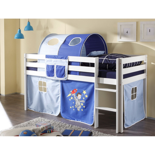 Hochbett Kinderbett Marco 90 x 200cm Kiefer massiv weiß lackiert inkl. Vorhang