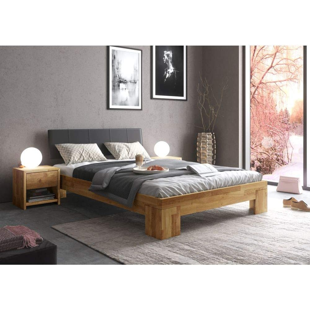 Bett Futonbett Wildeiche massiv Holz geölt 180 x 200 cm Kopfteil gepolstert Nemo