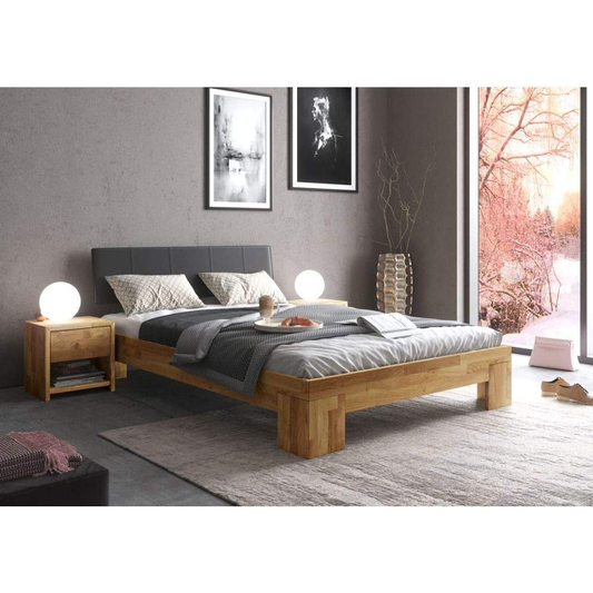 Bett Futonbett Wildeiche massiv Holz geölt 180 x 200 cm Kopfteil gepolstert Nemo