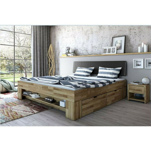 Bett Futonbett Wildeiche massiv Holz geölt 140 x 200 Kopfteil gepolstert Sabina