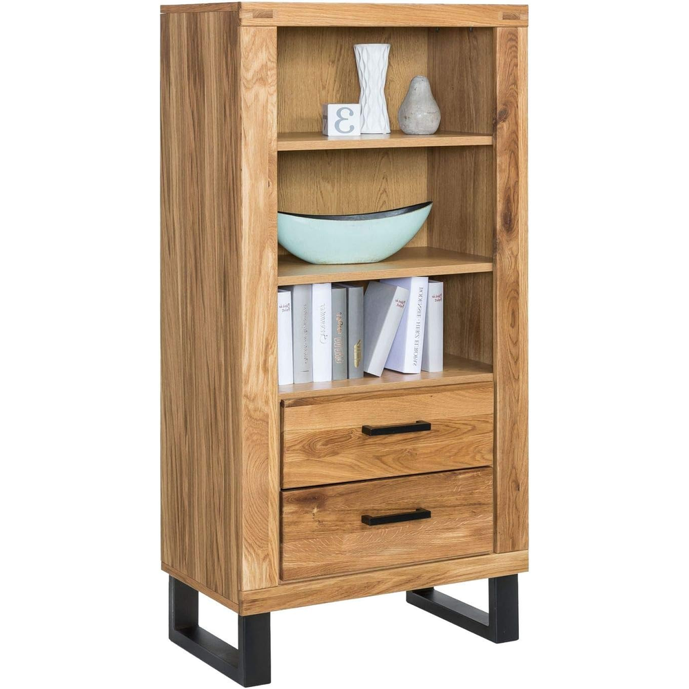 Regal TINA – Eiche teilmassiv mit Schubkästen und schwarzen Metallkufen