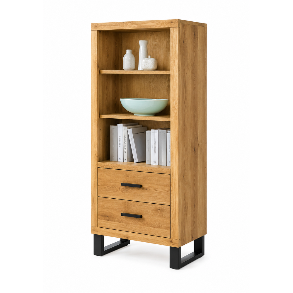 Regal TINA – Eiche teilmassiv mit Schubkästen und schwarzen Metallkufen