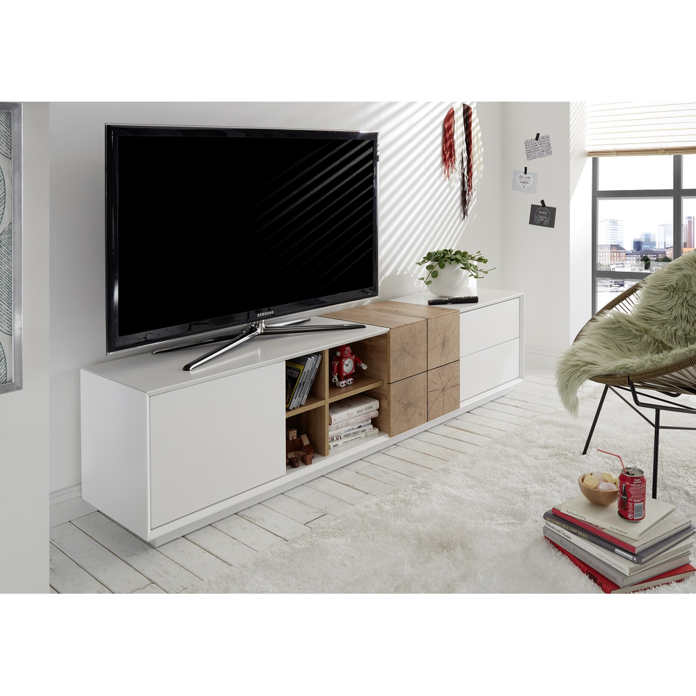 TV-Schrank B 180 x H 45 x T 40 cm Lowboard matt lackiert Eiche Optik weiß holz modern Montere