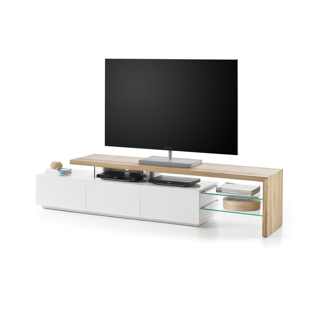 TV-Schrank B 204 x H 44 x T 40 cm Lowboard I Asteiche-massiv holz matt lackiert weiß stil 204 cm Alimo