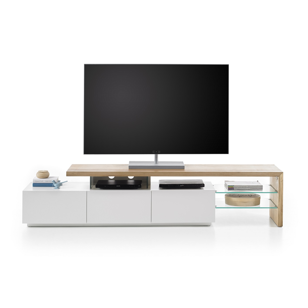 TV-Schrank B 204 x H 44 x T 40 cm Lowboard I Asteiche-massiv holz matt lackiert weiß stil 204 cm Alimo