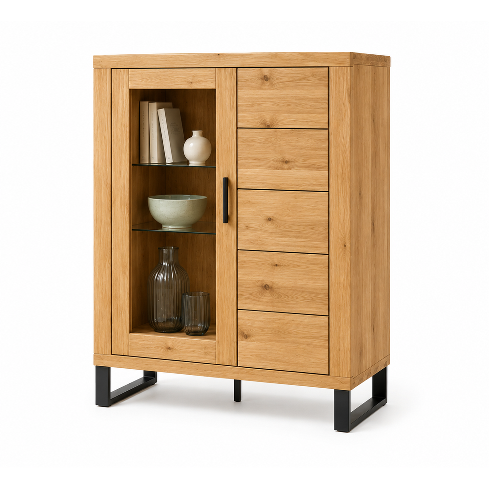 Vitrine TINA – Eiche teilmassiv mit Glastür und schwarzen Metallkufen