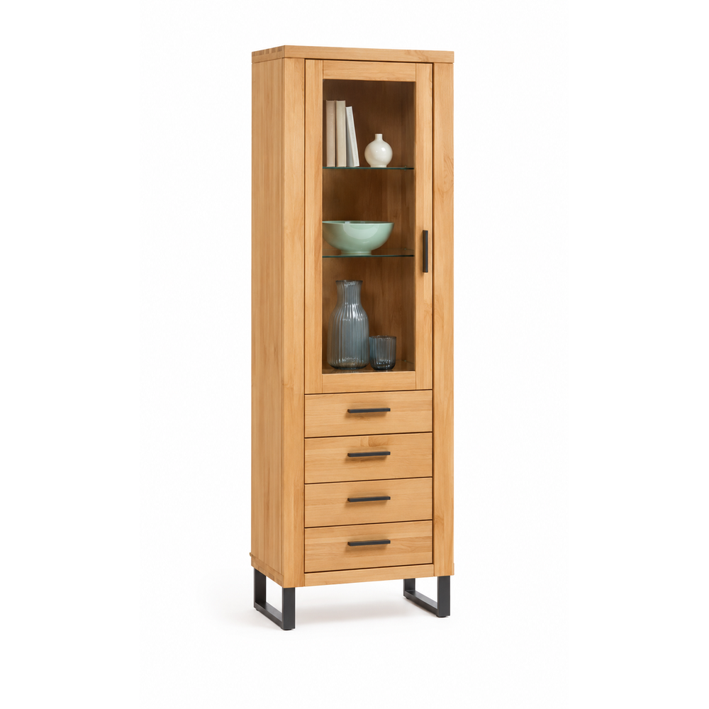 Vitrine TINA – Eiche teilmassiv mit schwarzen Metallkufen