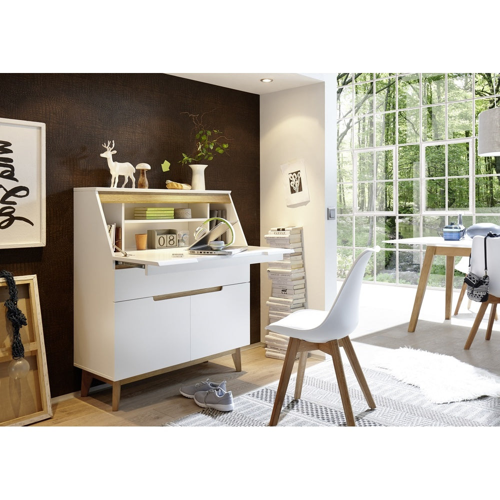 Nachtkonsole B 48 x H 60 x T 40 cm Nachtschrank weiß matt MDF Asteiche furniert Massiv Schublade