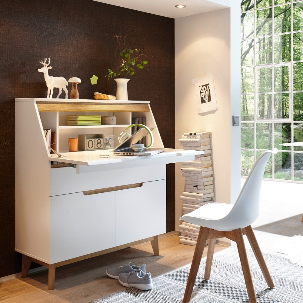 Sekretär Schreibtisch B 97 x H 113 x T 40 cm Schrank weiß matt MDF Asteiche furniert Massiv Klappe