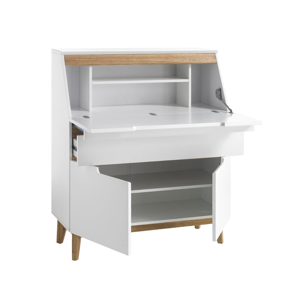Sekretär Schreibtisch B 97 x H 113 x T 40 cm Schrank weiß matt MDF Asteiche furniert Massiv Klappe