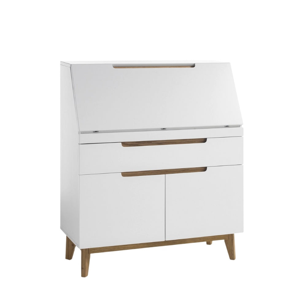 Sekretär Schreibtisch B 97 x H 113 x T 40 cm Schrank weiß matt MDF Asteiche furniert Massiv Klappe