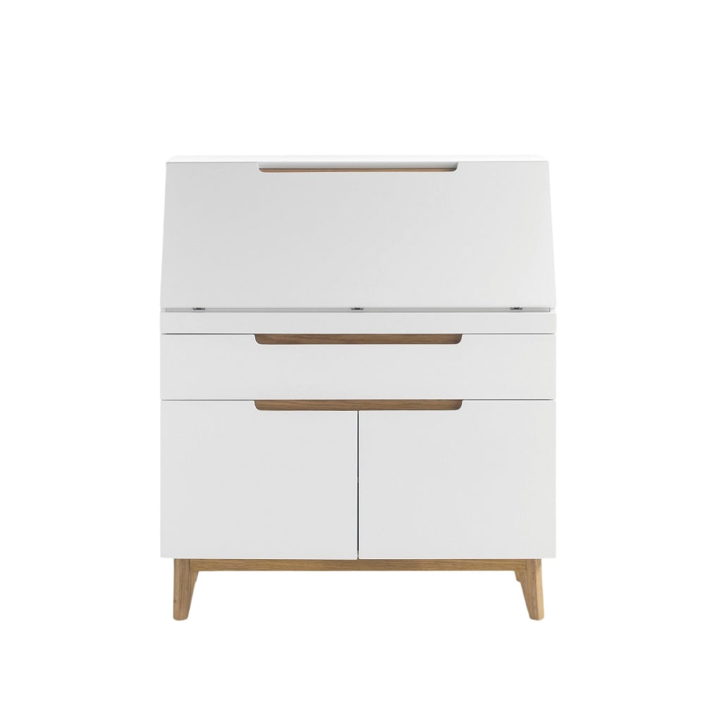Sekretär Schreibtisch B 97 x H 113 x T 40 cm Schrank weiß matt MDF Asteiche furniert Massiv Klappe