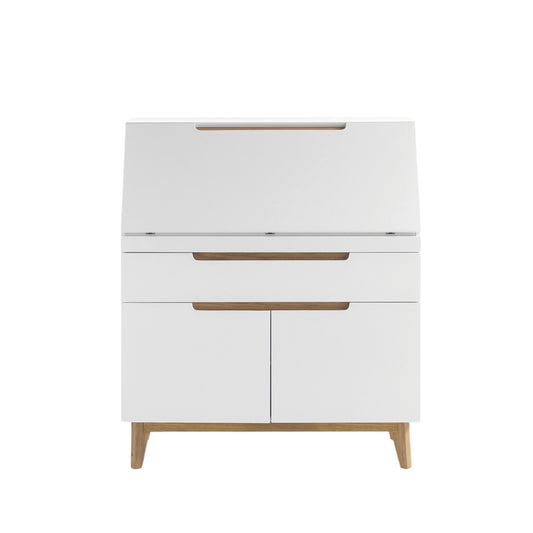 Sekretär Schreibtisch B 97 x H 113 x T 40 cm Schrank weiß matt MDF Asteiche furniert Massiv Klappe