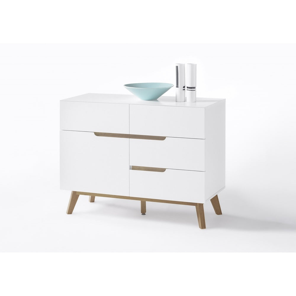 Kommode B 97 x H 76 x T 40 cm Schrank weiß matt MDF Asteiche furniert Massivholz T01 Cervin