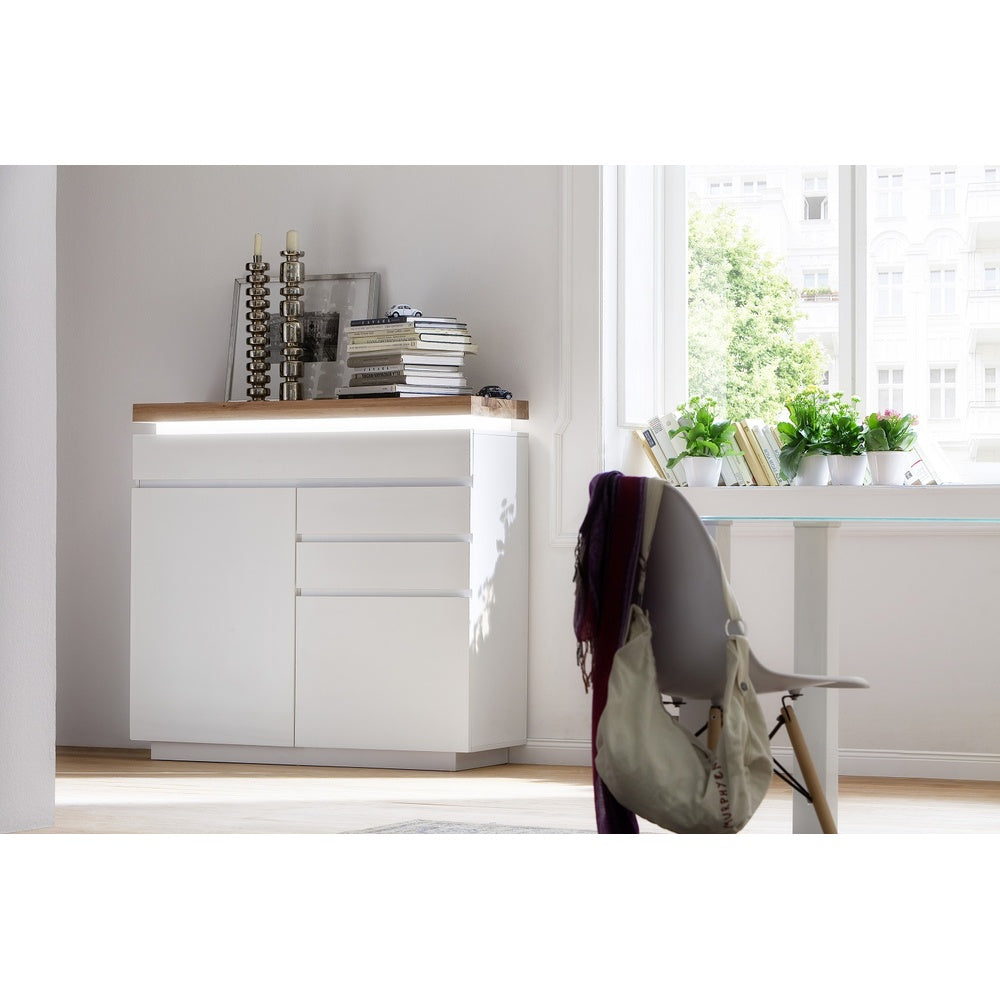 Kommode B 120 x H 114 x T 40 cm Schrank weiß matt MDF Eiche massiv Tür Schublade lackiert Romino