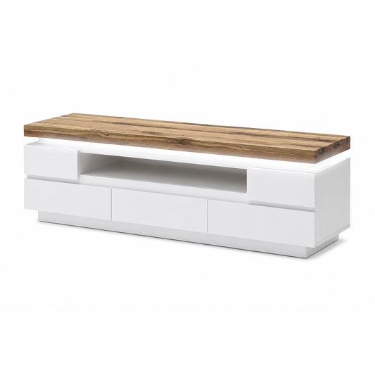TV-Schrank B 175 x H 49 x T 40 cm Lowboard weiß matt MDF Eiche massiv Schublade Fach Romino