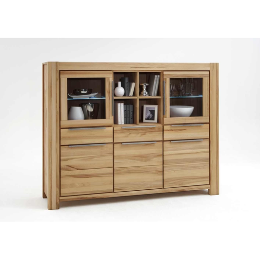 Highboard NENA BUK – Massive Buche mit Glastüren, Schubladen &amp; Bücherfächern