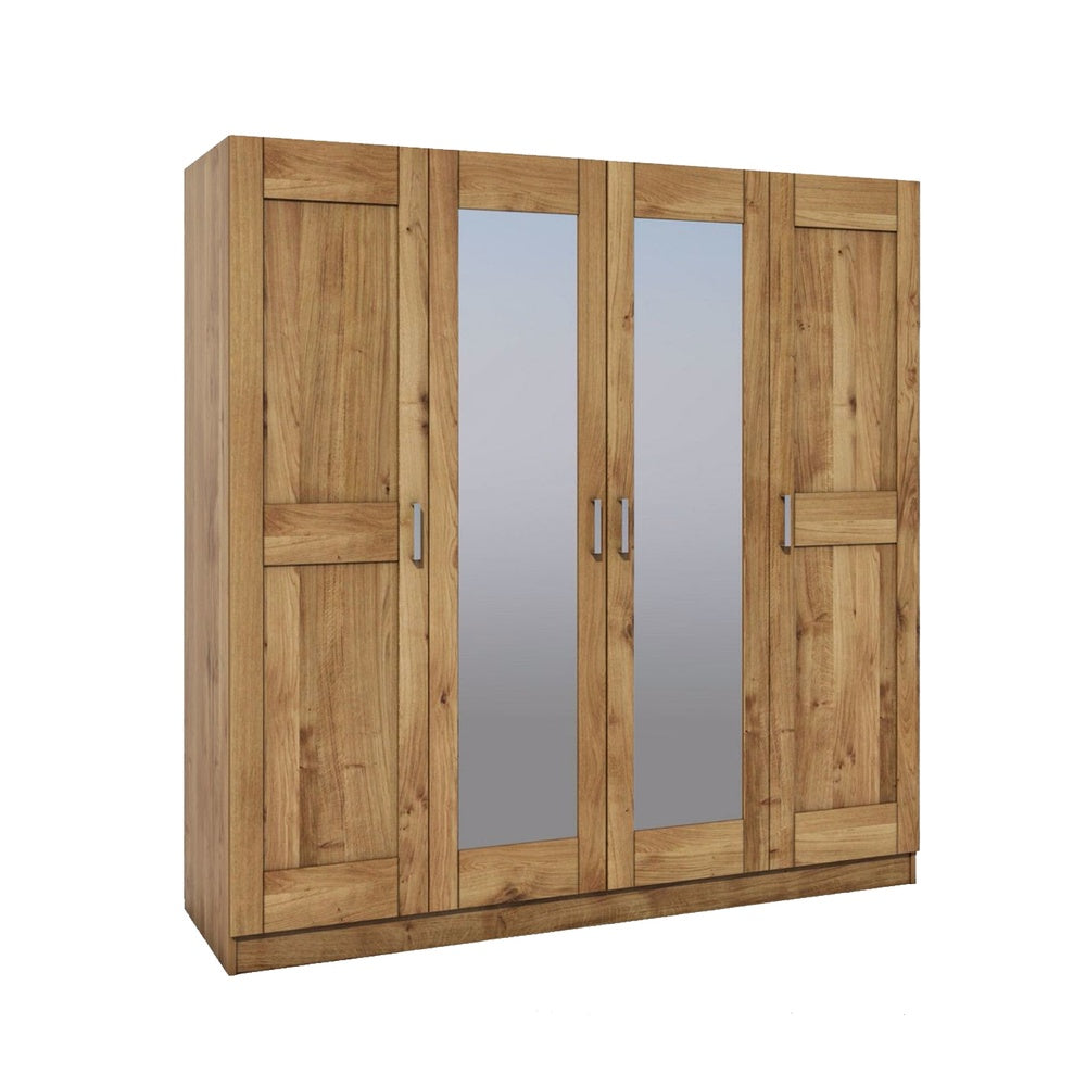 Kleiderschrank B 202 x H 205 x T 60 cm Spiegeltüren Holz Wildeiche teilmassiv Natur geölt 4-türig 4S