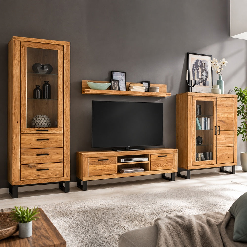 TV-Kommode B 138 x H 60 x T 50 cm Lowboard Schrank Schublade Wildeiche teilmassiv Natur geölt 138 cm