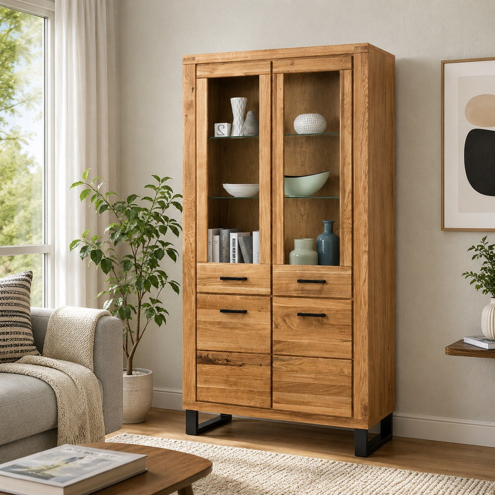 Vitrine B 110 x H 200 x T 40 cm Schrank Glastür Wildeiche teilmassiv Natur geölt Tiara