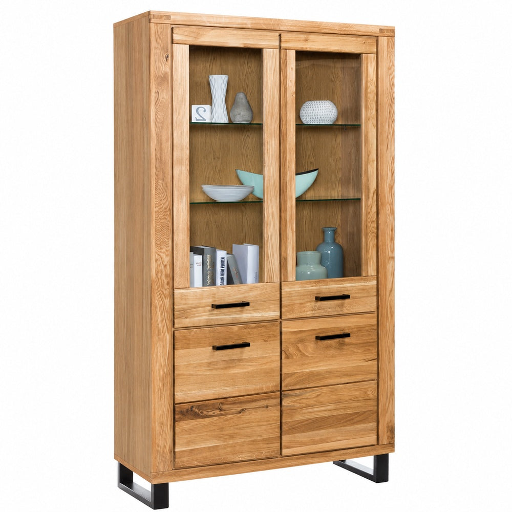Vitrine B 110 x H 200 x T 40 cm Schrank Glastür Wildeiche teilmassiv Natur geölt Tiara