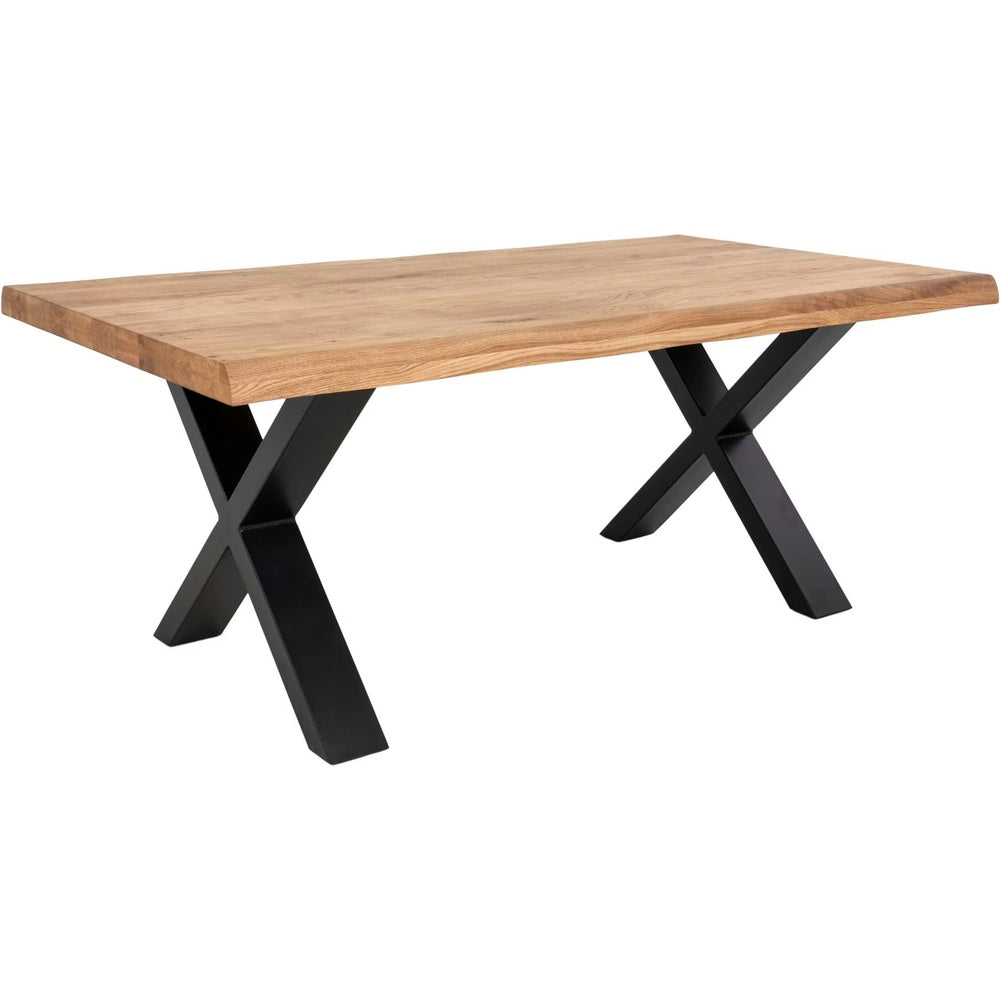 Couchtisch – Wildeiche B 110 x H 47 x T 70 cm vollmassiv geölt mit Baumkante und schwarzem X-Metallgestell