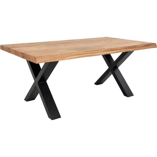 Couchtisch – Wildeiche B 110 x H 47 x T 70 cm vollmassiv geölt mit Baumkante und schwarzem X-Metallgestell