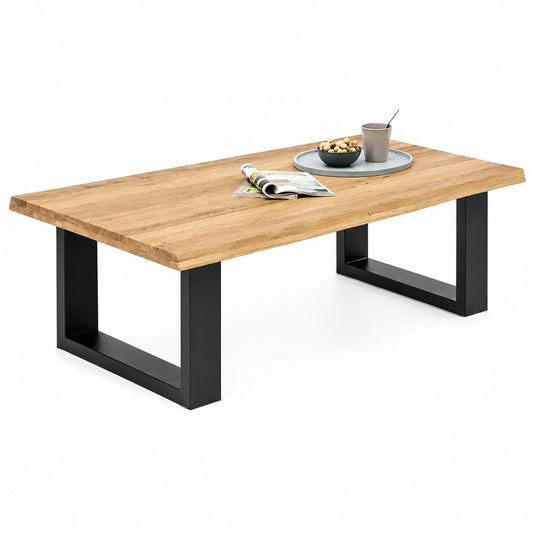 Couchtisch – Wildeiche B 110 x H 47 x T 70 cm vollmassiv geölt mit Baumkante und schwarzem U-Metallgestell