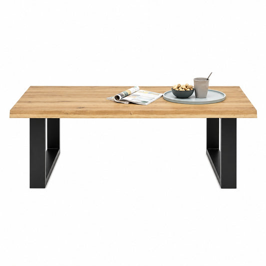 Couchtisch – Wildeiche B 110 x H 47 x T 70 cm vollmassiv geölt mit Baumkante und schwarzem U-Metallgestell