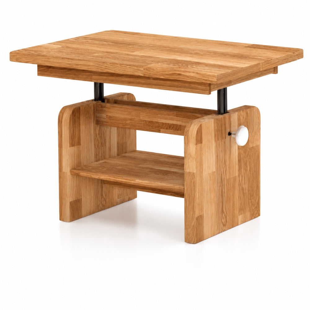 Couchtisch – Eiche B 105 x H 52–70 x T 70 cm massiv, höhenverstellbar mit Ablageboden