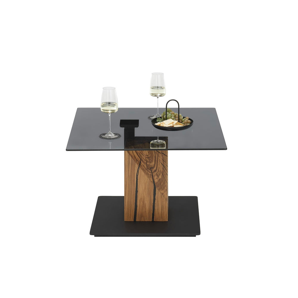 Couchtisch Ca. B 70 x H 45–63 x T 70 cm BALSTA – Graue Glasplatte mit massivem Eichengestell, höhenverstellbar