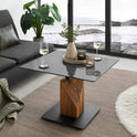 Couchtisch Ca. B 70 x H 45–63 x T 70 cm BALSTA – Graue Glasplatte mit massivem Eichengestell, höhenverstellbar