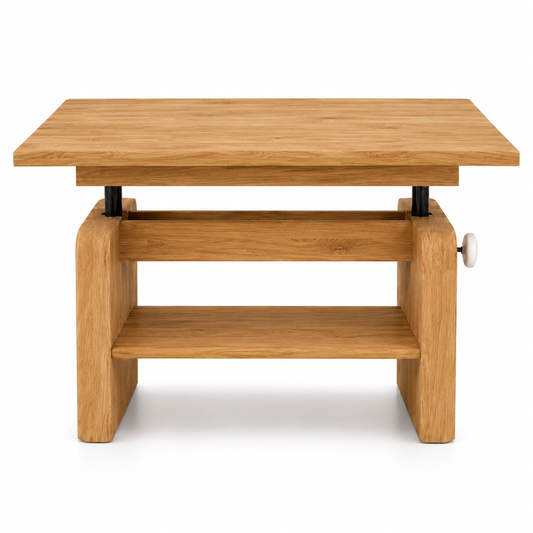 Couchtisch – Eiche B 120–160 x H 57–72 x T 65 cm massiv, höhenverstellbar mit Ablageboden