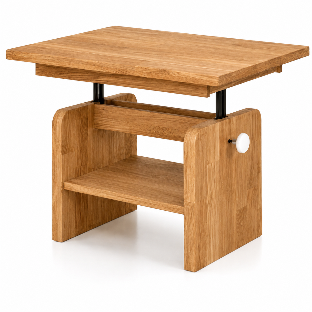 Couchtisch – Eiche B 105 x H 52–70 x T 70 cm massiv, höhenverstellbar mit Ablageboden